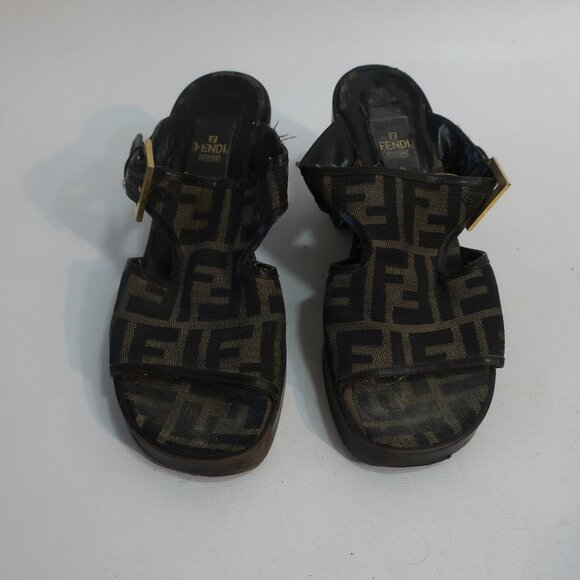 Authentic Fendi F Zucca Logo Graphic Brown Open Toe Chunky Block Heel Sandal 7 - Picture 1 of 16